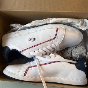 Lacoste Women White and Navy Sneakers with Red Trim